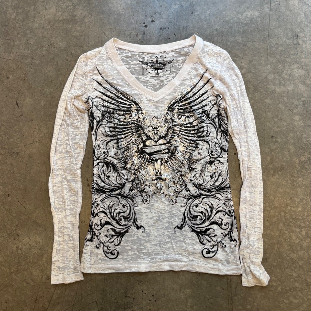 Y2K Rock & Roll Cowgirl Angel Wings Long Sleeve Sheer Top Medium
